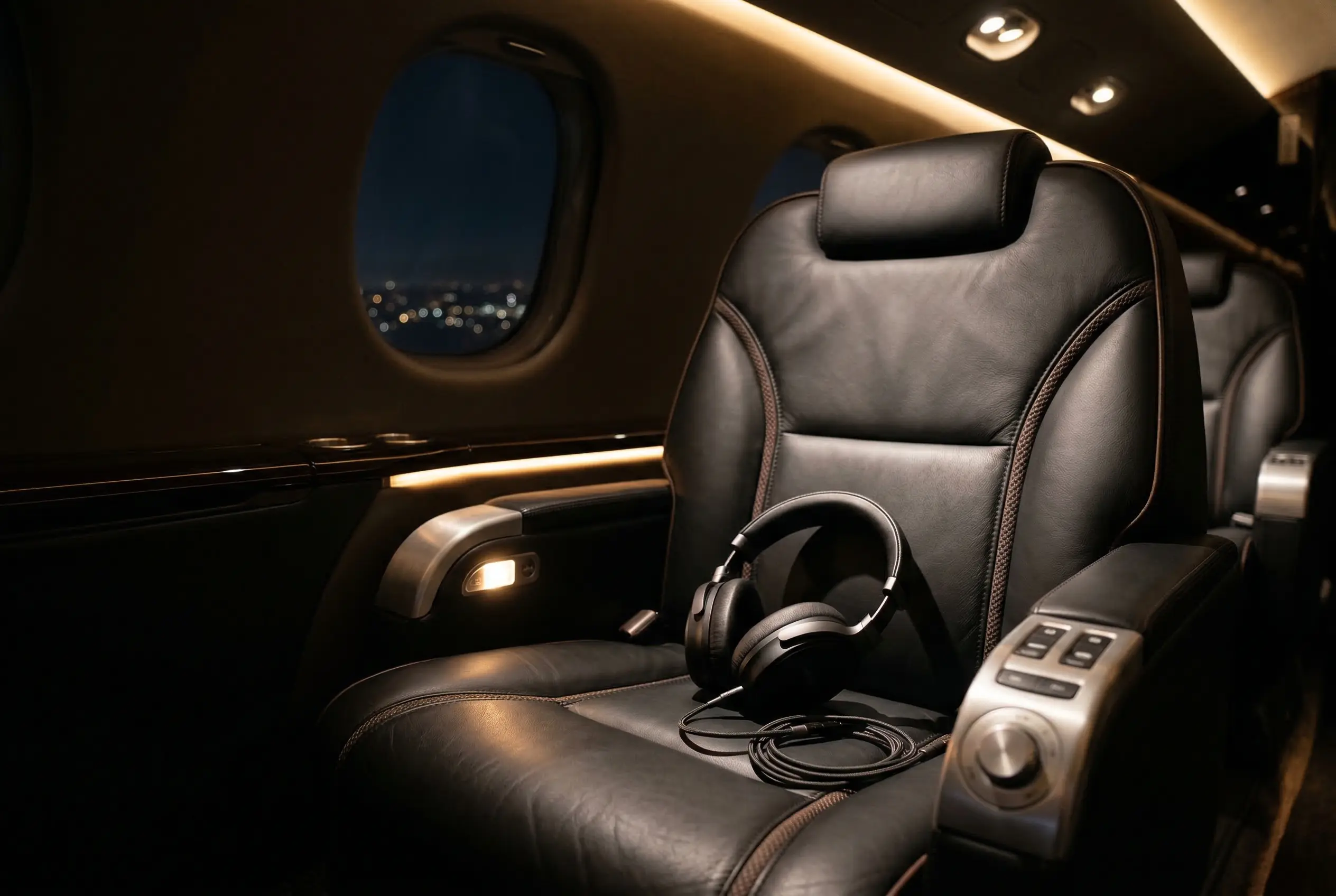 Close-up of premium leather seating inside a private jet cabin — hand-stitched details and ambient lighting for New York charter flights