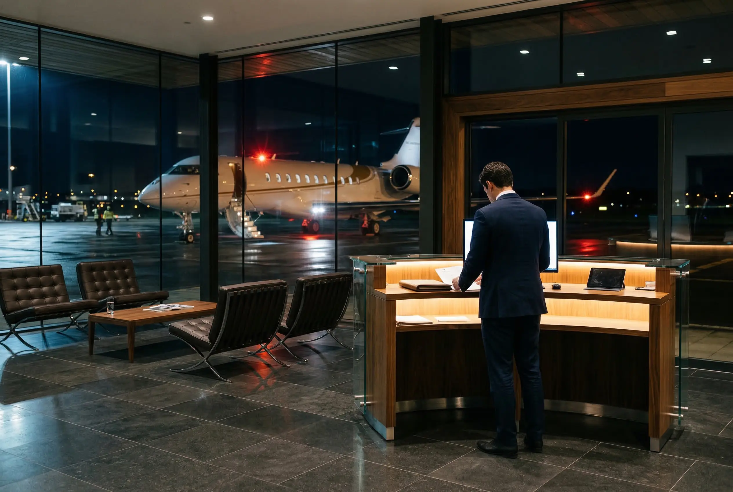 Charter concierge at an illuminated service desk inside a private aviation terminal — personalized New York private jet service