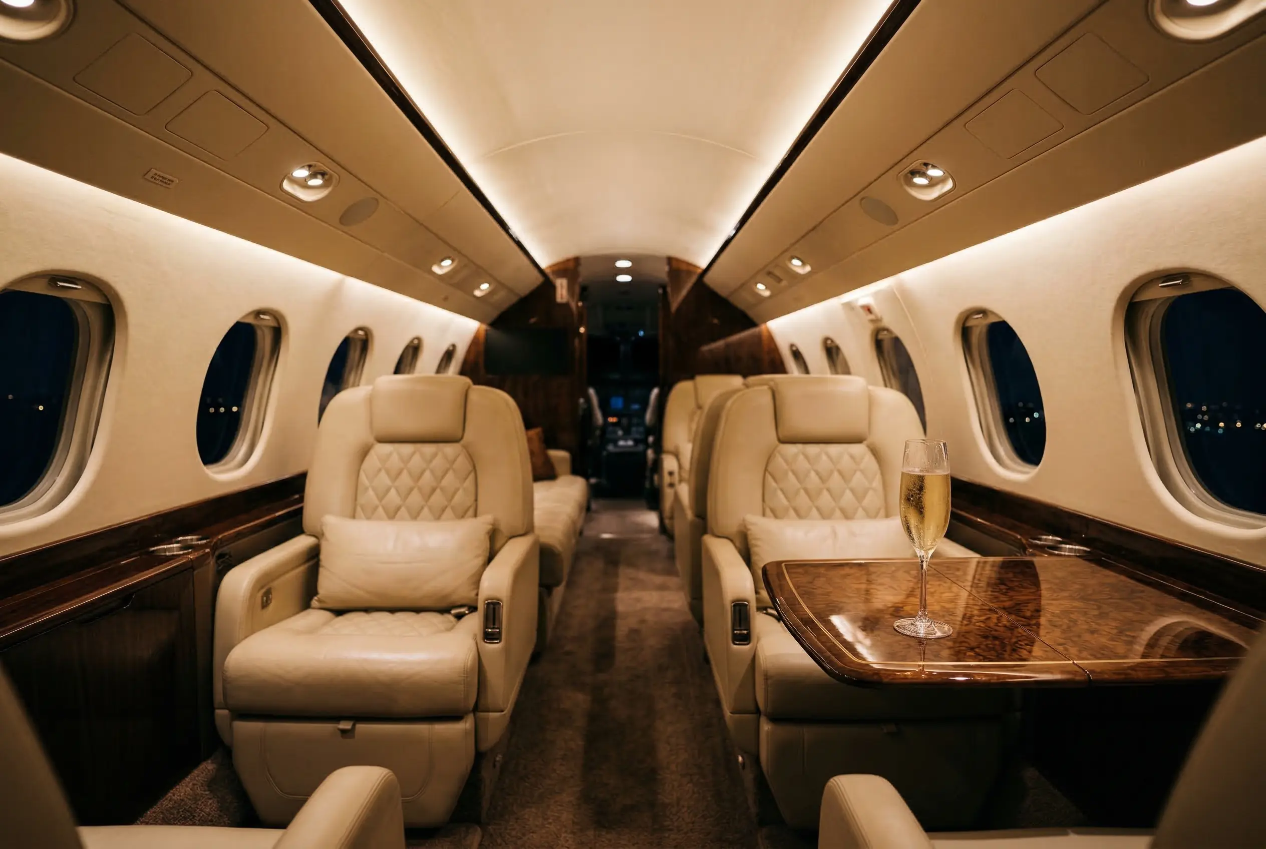 Private jet cabin — executive interior with leather seating