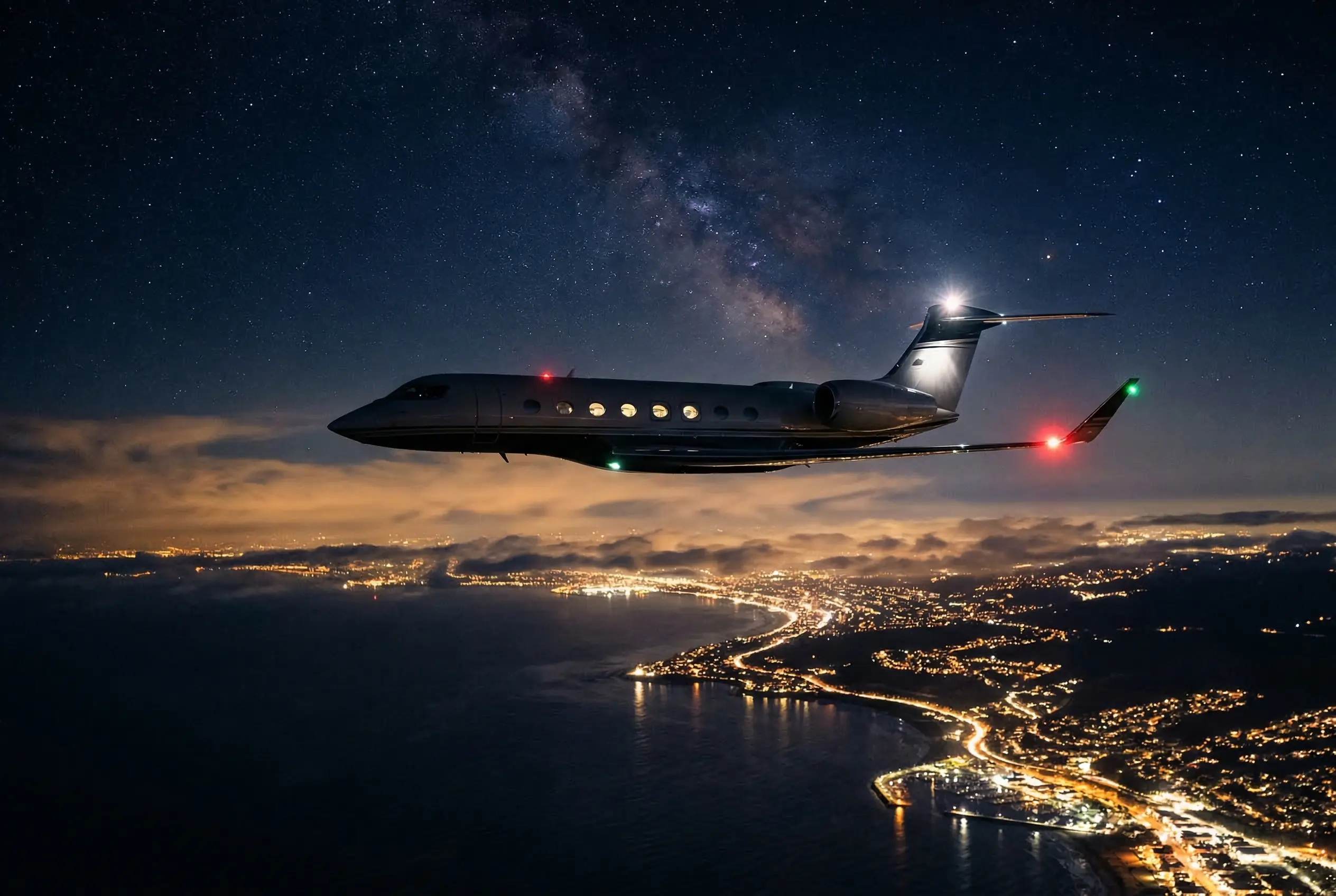 Private jet in flight over a coastline at night — navigation lights glowing against a star-filled sky above New York