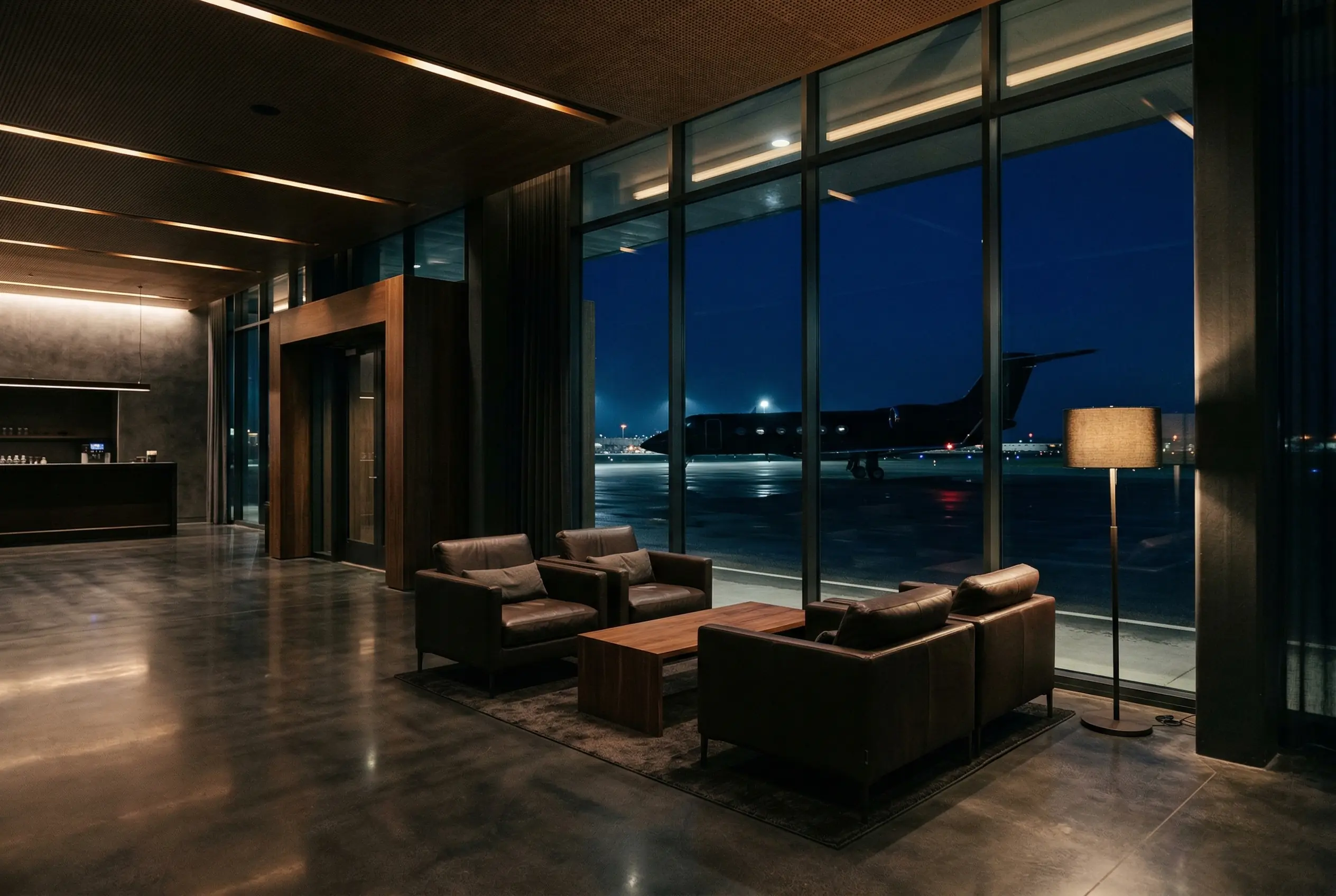 Modern private aviation terminal lounge at night — leather seating and warm ambient lighting with a business jet visible through panoramic windows